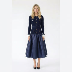 Buttoned Belted Top with Satin Midi Skirt Ensemble