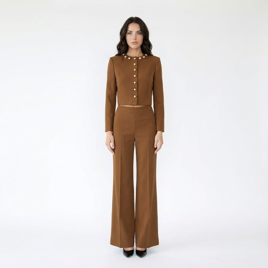 Elegant Gold Button Cropped Jacket Suit Set