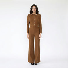 Elegant Gold Button Cropped Jacket Suit Set