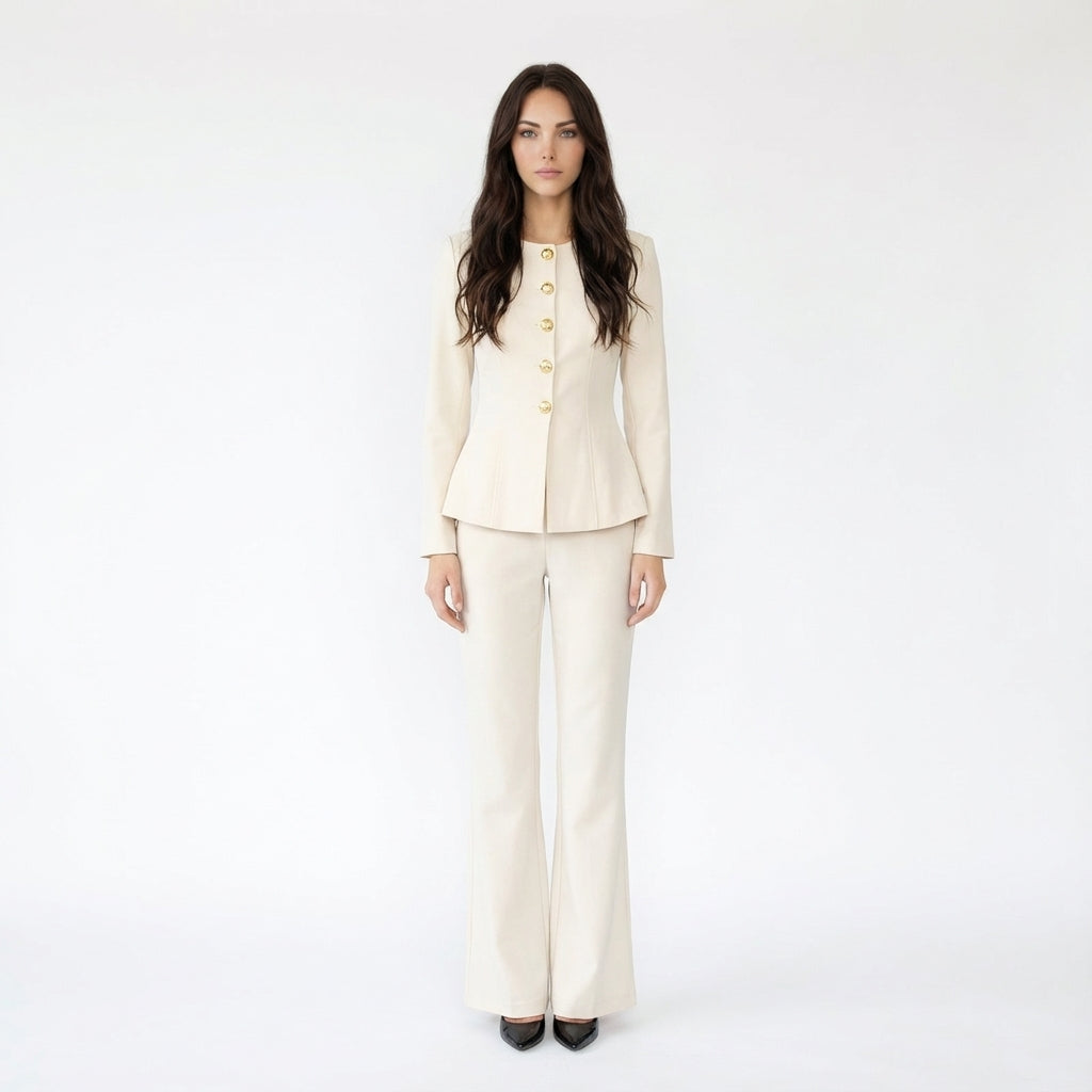 Round Neck Buckle Short Top with Micro Flared Pants Set