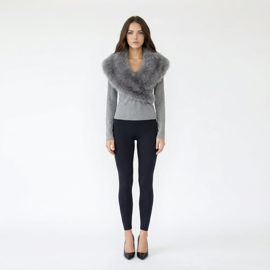 Soft Knit Top with Oversized Faux Fur Neckline