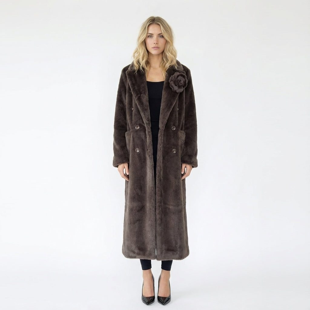 Long Faux Fur Double-Breasted Coat with Flower Pin