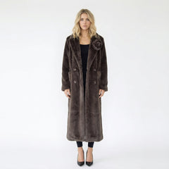 Long Faux Fur Double-Breasted Coat with Flower Pin