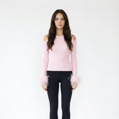 Off shoulder long sleeved feather knit sweater