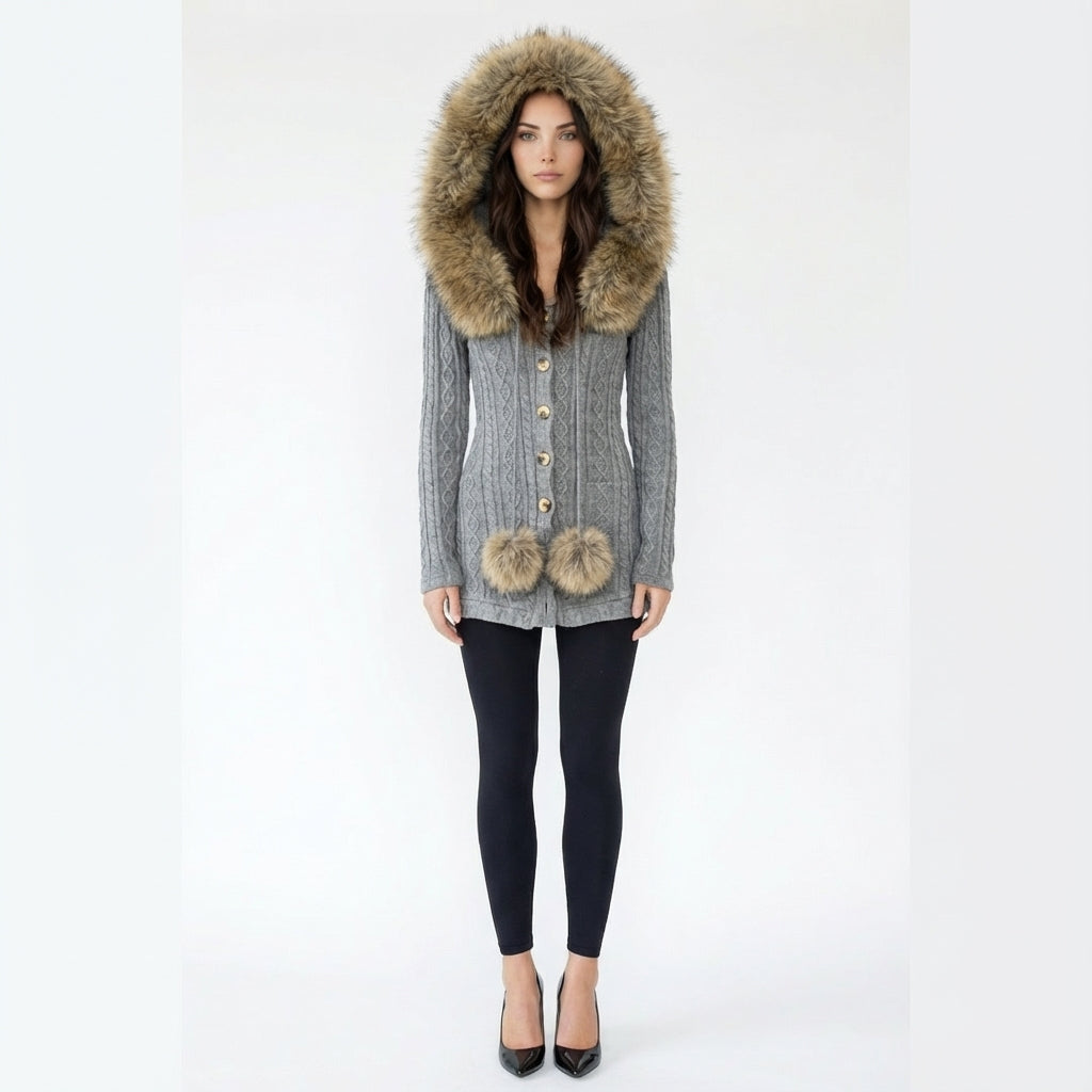 Faux Fur Collar Hooded Cable Knit Cardigan Sweater