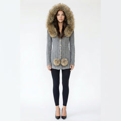 Faux Fur Collar Hooded Cable Knit Cardigan Sweater