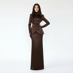 Satin Mock-Neck Long Sleeve Peplum Maxi Dress