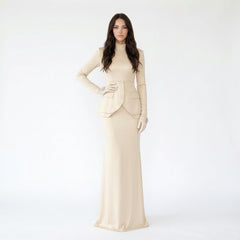 Satin Mock-Neck Long Sleeve Peplum Maxi Dress