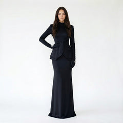 Satin Mock-Neck Long Sleeve Peplum Maxi Dress