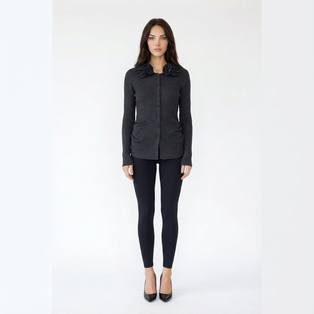 Rose Flower Neck Knitted Cardigan Sweater