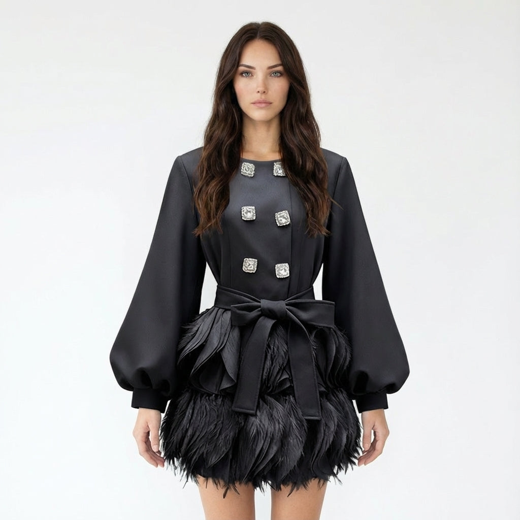 Feather Hem Puff Sleeve Mini Dress