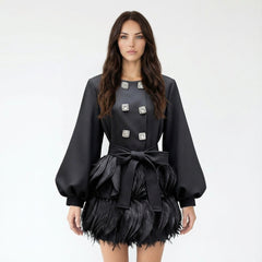 Feather Hem Puff Sleeve Mini Dress
