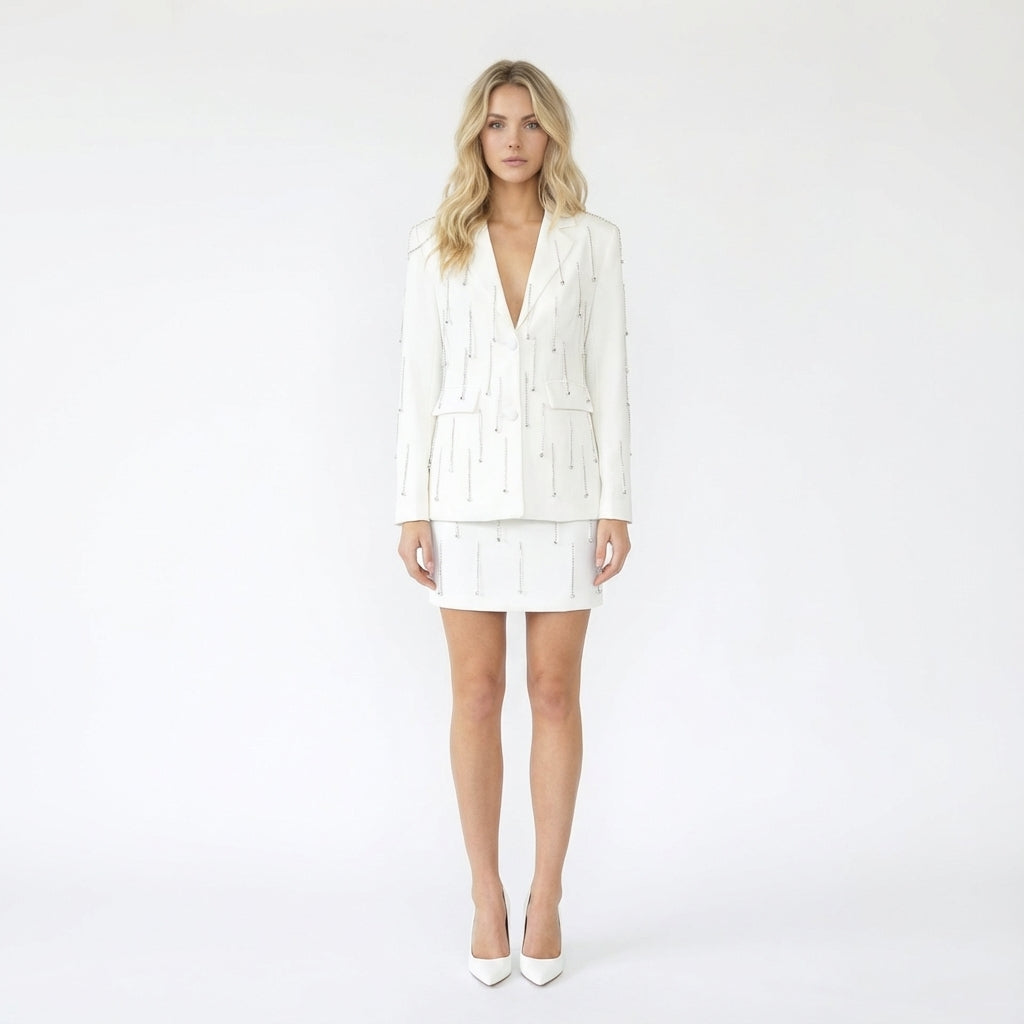 Rhinestone Draped Blazer Skirt Set