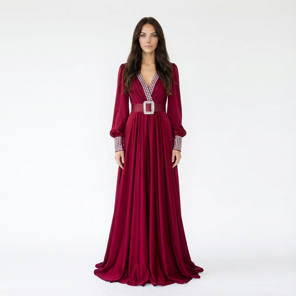 V-Neck Sequin Trim Long Sleeve Dress