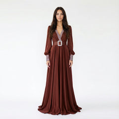 V-Neck Sequin Trim Long Sleeve Dress