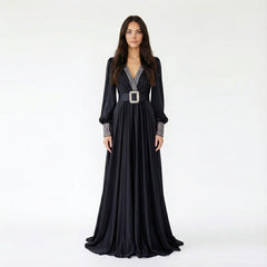 V-Neck Sequin Trim Long Sleeve Dress