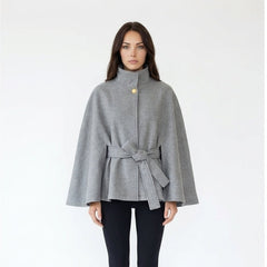 Elegant High-Collar Wool Blend Cape with Tie Belt