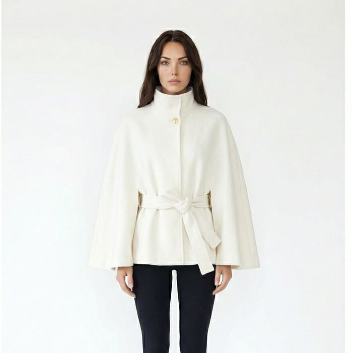 Elegant High-Collar Wool Blend Cape with Tie Belt