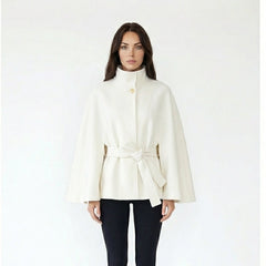 Elegant High-Collar Wool Blend Cape with Tie Belt