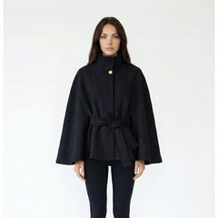 Elegant High-Collar Wool Blend Cape with Tie Belt