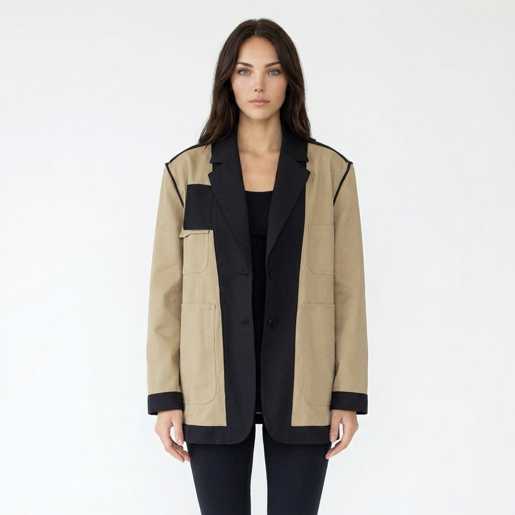 Two-Tone Utility Blazer with Contrast Trim and Pockets