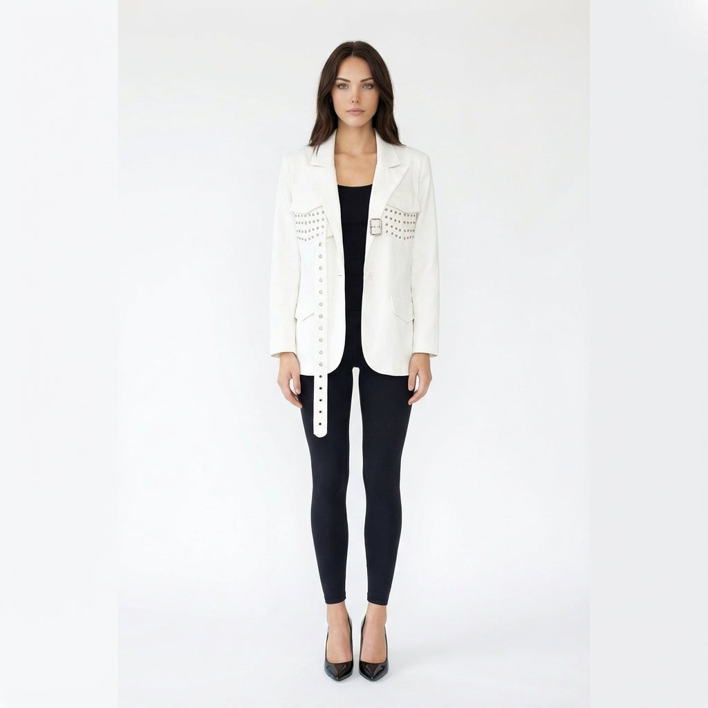 Punk Rock Studded Blazer with Long Belt Detail
