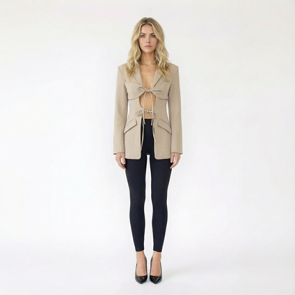 Cutout Bow Tie Front Fitted Blazer Jacket