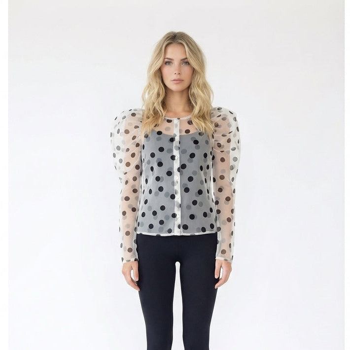 Sheer Mesh Polka Dot Puffy Sleeve Blouse