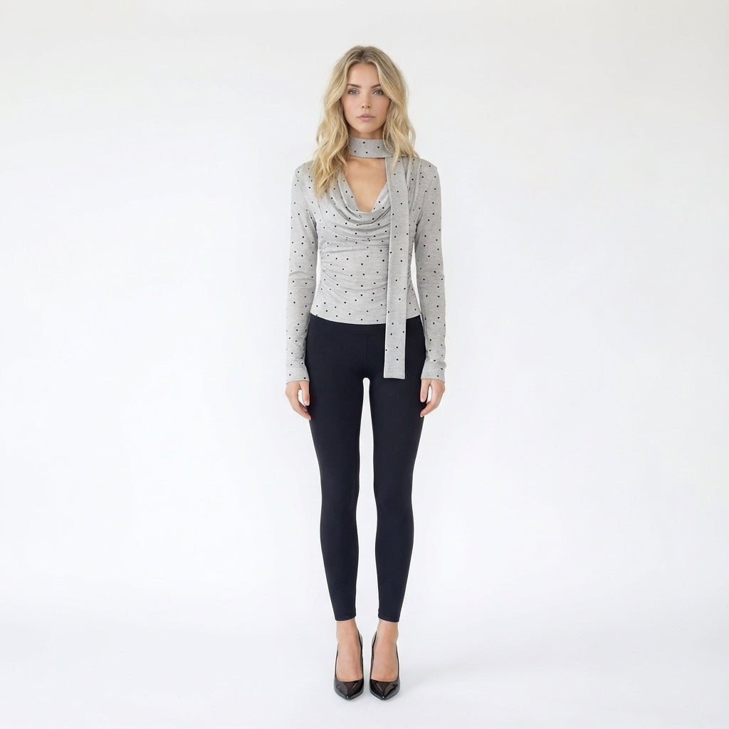 Polka Dot Print Tie-Front Knit Top