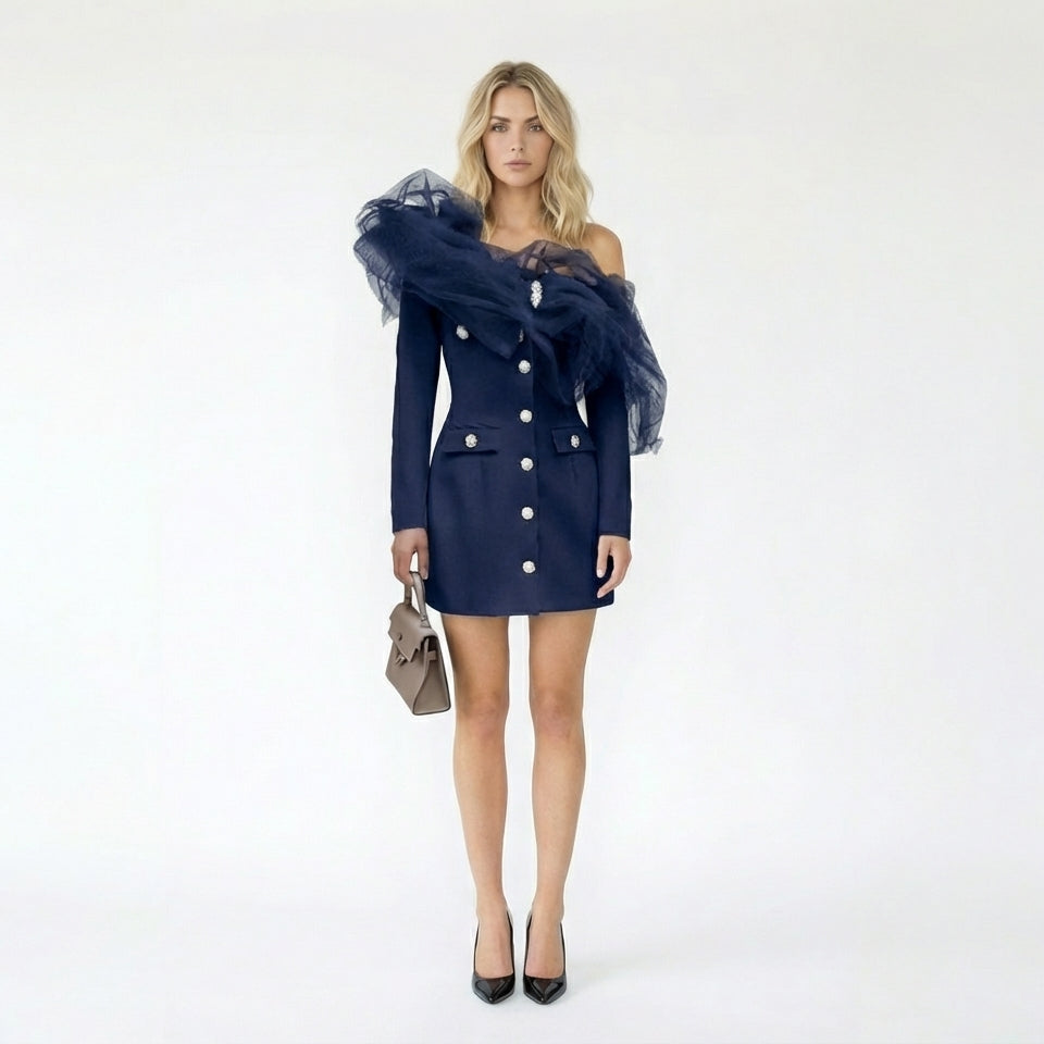 Tulle Ruffle Embellished Off Shoulder Blazer Dress