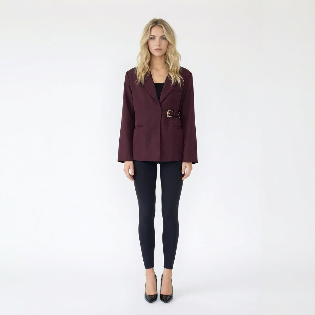 Buckled Waisted Notched Lapel Single Breasted Blazer