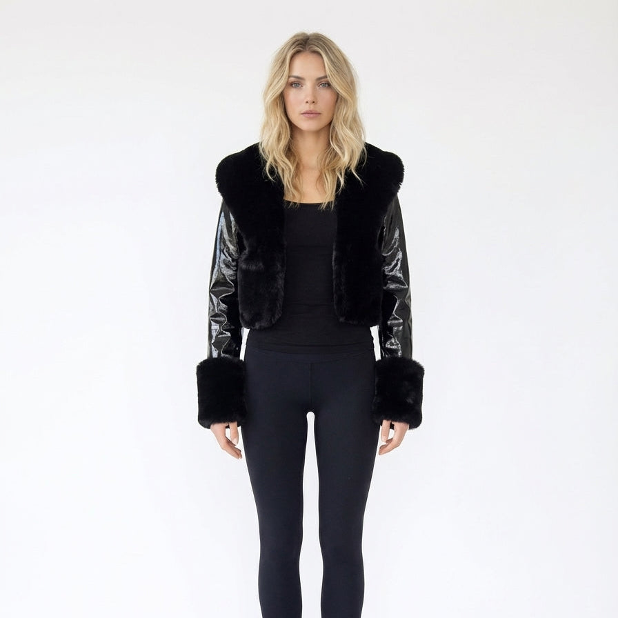 Cropped Faux Fur and Patent Jacket