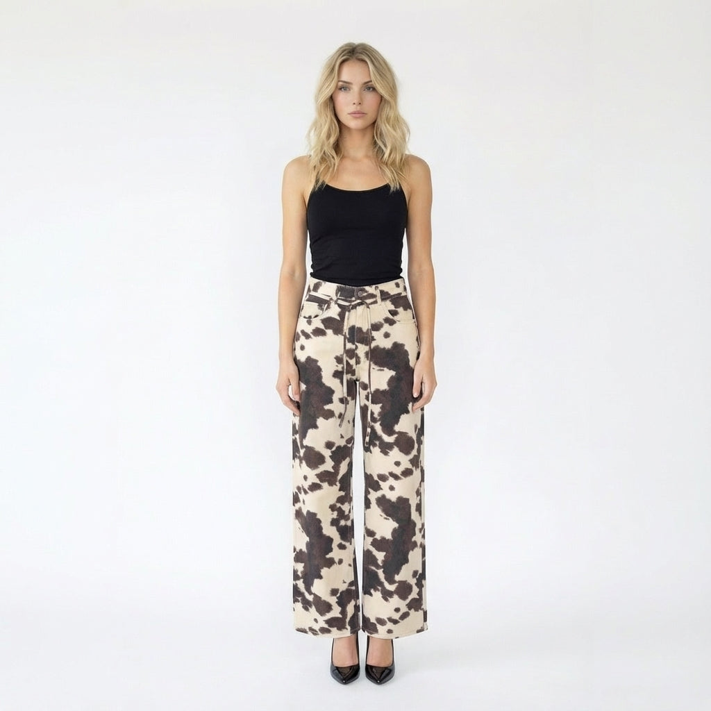 Cow Print High Waisted Wide Leg Jeans