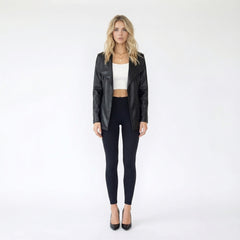 Faux Leather Open Front Long Sleeve Blazer