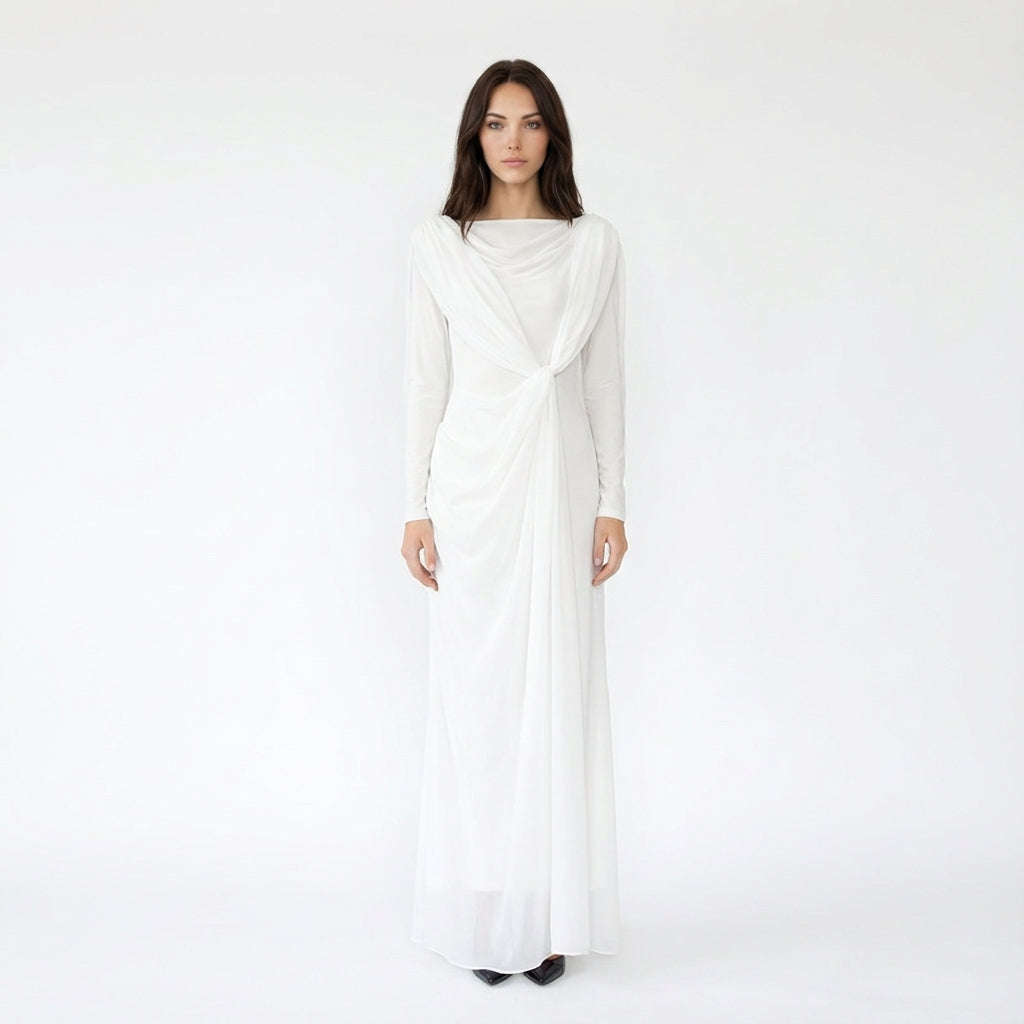 Splicing Long Sleeved Irregular Twisted Long Dress