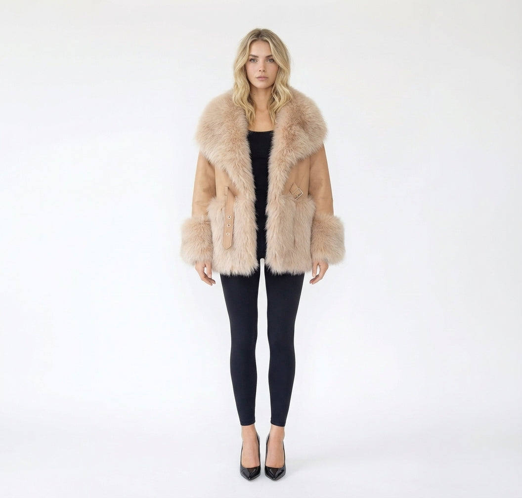 Women Winter Faux Fur Leather Coat Patchwork Jacket