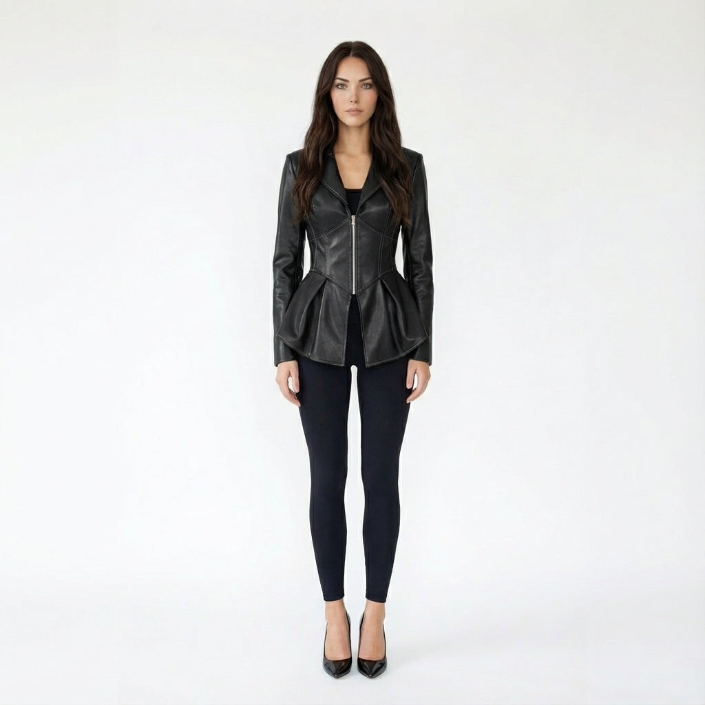 Faux Leather Peplum Zipper Corset Jacket