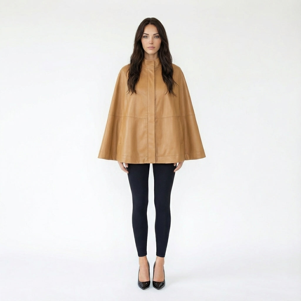Chic Faux Leather High-Neck Cape Jacket
