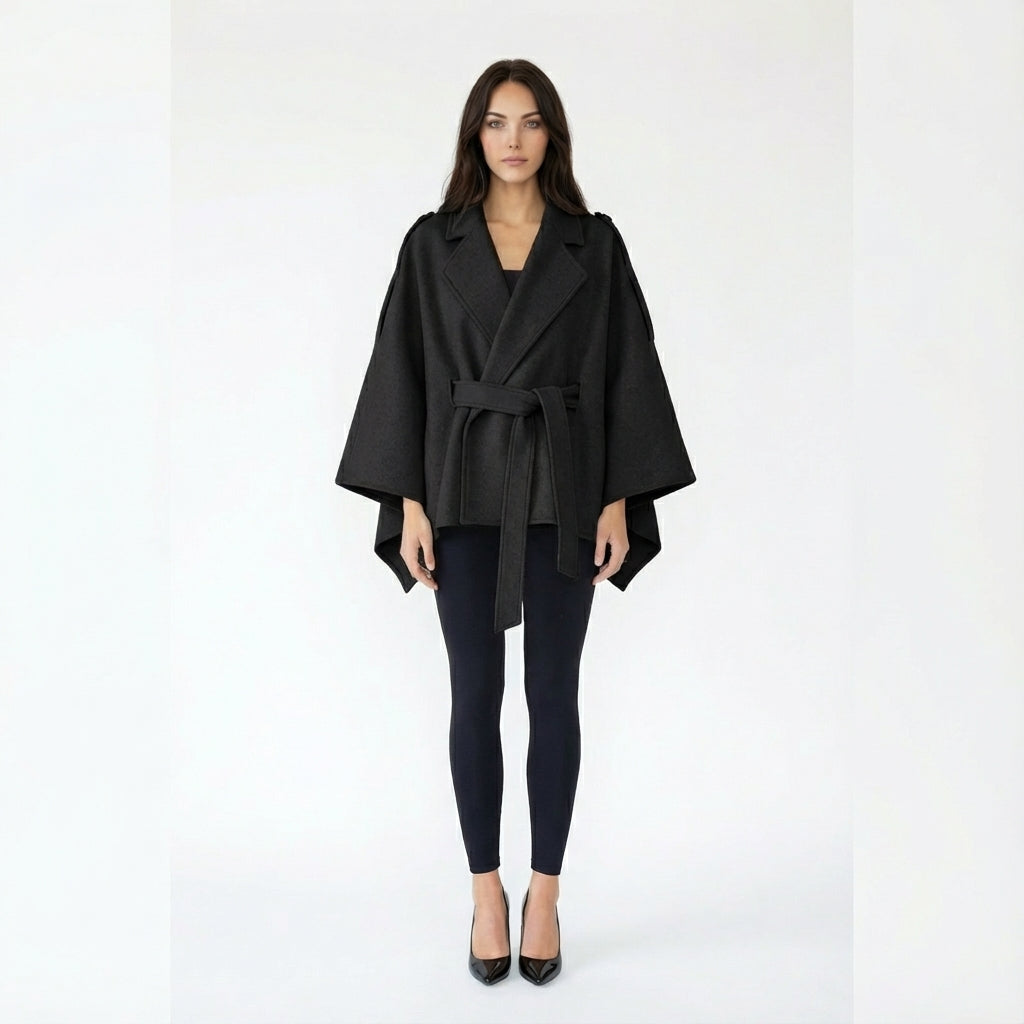 Chic Beige Cashmere Feel Poncho Wrap with Shoulder Tabs