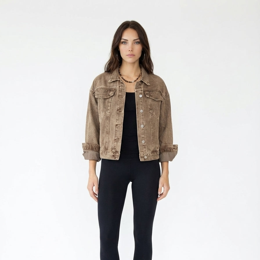 Pocketed Collared Neck Denim Jacket