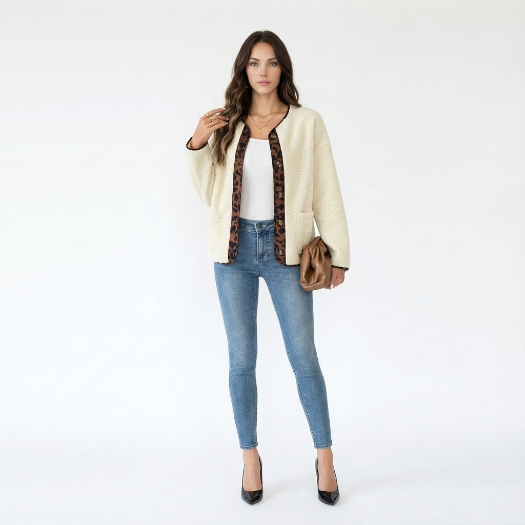 Cozy Teddy Fleece Cardigan Jacket with Contrast Print