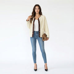 Cozy Teddy Fleece Cardigan Jacket with Contrast Print