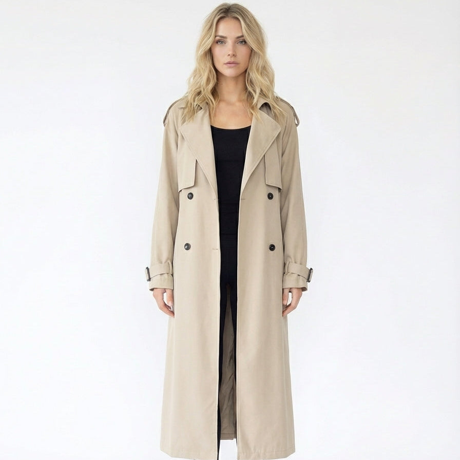 Collared Neck Long Sleeve Longline Trench Coat