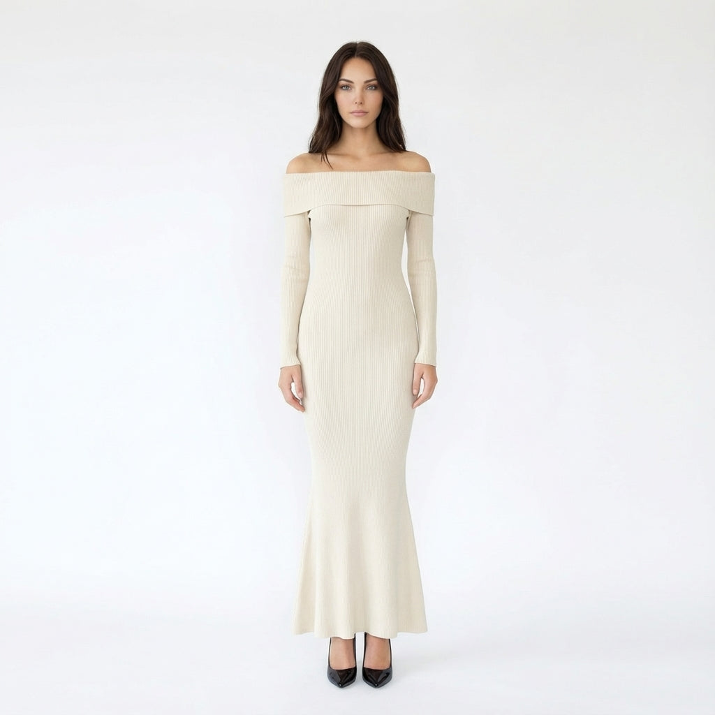 Mermaid Hem Off-Shoulder Ribbed Knit Dress