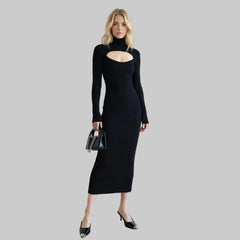 High-Neck Cutout Knit Midi Dress