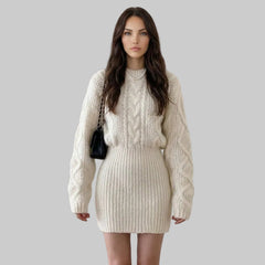 Cropped Cable Knit Sweater Mini Skirt Set