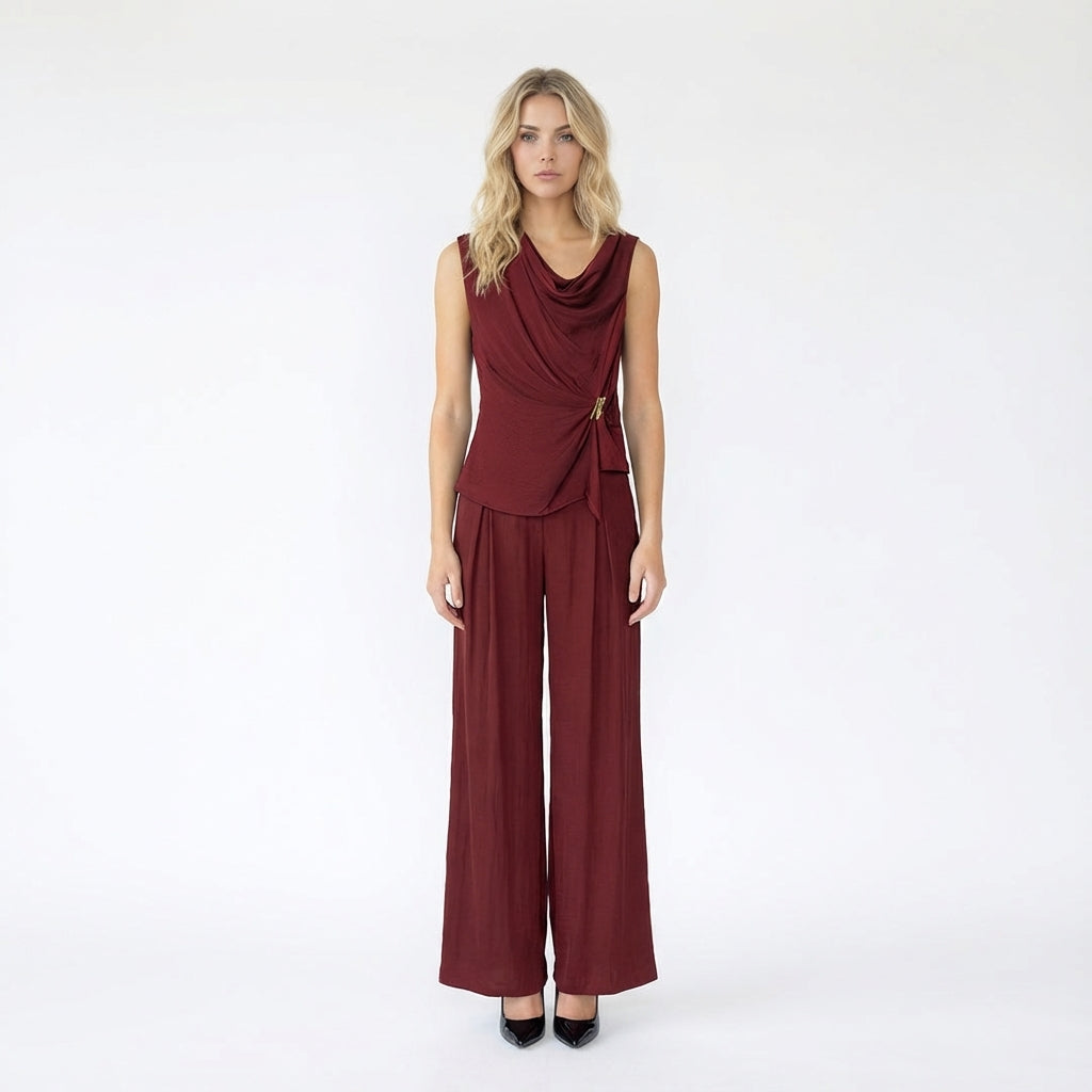 Satin Cowl Neck Top and Wide Leg Trousers Set