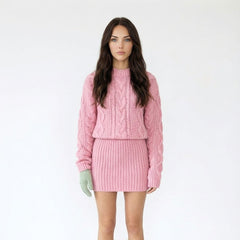 Cropped Cable Knit Sweater Mini Skirt Set