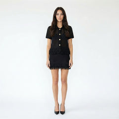 Cropped Fringe Hem Knit Cardigan and Skirt Set