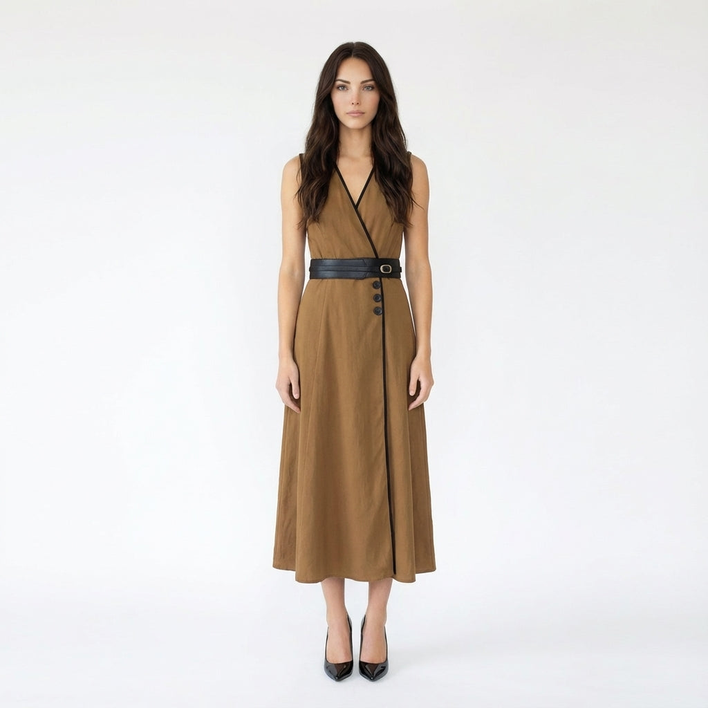 Sleeveless V-Neck Wrap Midi Dress with Belt